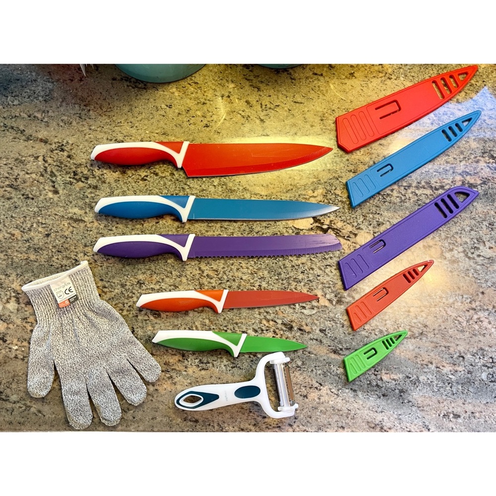 NEW• Rainbow Knife Set •5 Knives w/Covers Protective Glove & Multipurpose Peeler